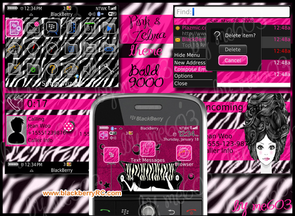 <b>Pink Zebra for Blackberry bold 9000 theme os4.6</b>